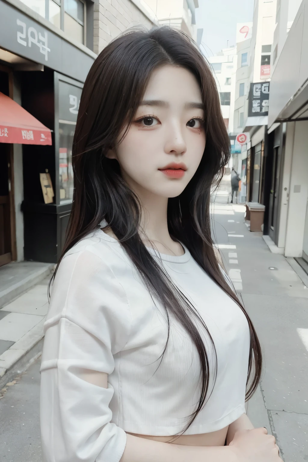 ((top-quality、8k、masterpies:1.3、in the street background、OL、k-pop outfit))、1girl in、Slim Beauty:1.3、Super Detail Face、Delicat eyes、double eyelid、facial expression of smile、full body Esbian、Brown hair、Suntan-Skin、20yr old、black hair、erotick、 Look、stare, Jiheon, Korean girl, sweet girl, elegant poses 