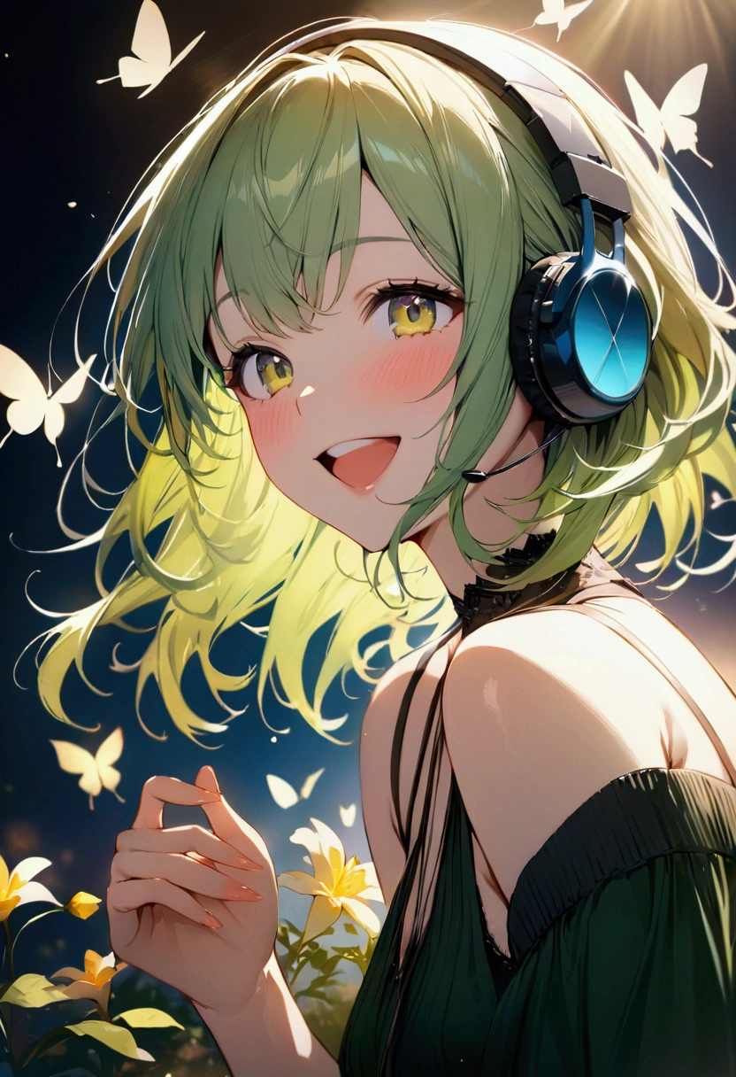 Yellow-green hair color,woman,Flower,butterfly, Cinema Lighting, (masterpiece:1.2), 最high quality, high quality, High resolution, (Super detailed), Detailed Background, One person,headphone,smile,Light background,blue sky,Have fun and laugh