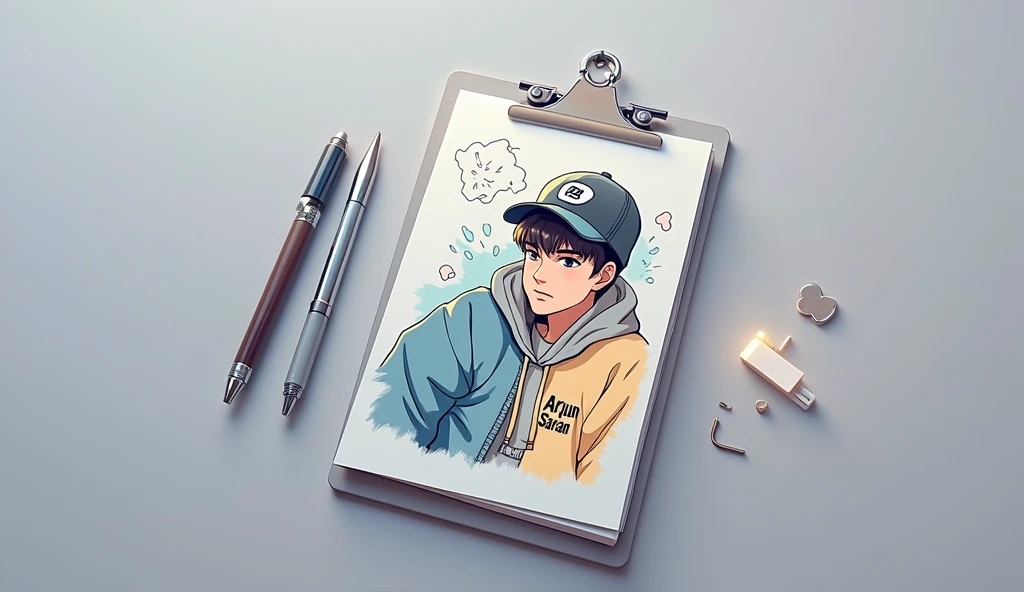 An anime boy, wearing a hoodie, a cap on his head, Arjun Saran is written on the hoodie, South Korean man Sehra on the front