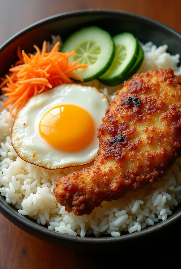 A bowl of korean style rice with some bean sprouts, some slice carrots, some slice cucumber, fried egg and 1 piece of fried chicken breast on top of rice.