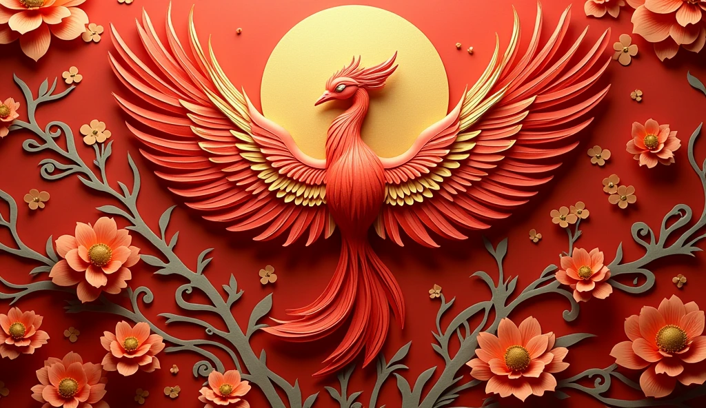 Paper Cut Style: Phoenix, Spread wings, Gorgeous feathers and patterns,Bright red、Orange and gold,High contrast,Carefully crafted,Fine details,Paper Art Folding Tips,Shadows and Highlights,Playing with light and shadow,Paper texture,Traditional Chinese Art,Aesthetic beauty,Elegant and sophisticated design,Fantastic atmosphere,Vibrant colors,Precise and delicate paper sculpture,Handmade artwork,Beautifully layered composition,Scrolls and flowers,Gold and silver spots,Depth and Dimensionality,Ethereal and dreamlike,Graceful and charming,Light and flowy,peaceful