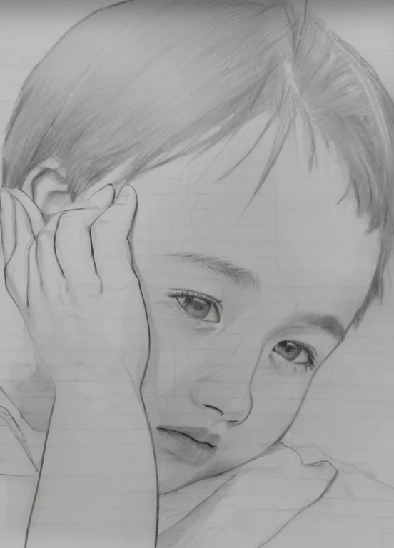 drawing of a young boy holding his hand to his ear, a pencil sketch, realism drawing, close up potrait, pencil sketch, realistic sketch, sketched, professional sketch, pencil draw, art sketch, monochrome drawing, loose pencil sketch, by Abidin Dino, old sketch, simple drawing, hand draw, sketch art, cute portrait, black and white sketch