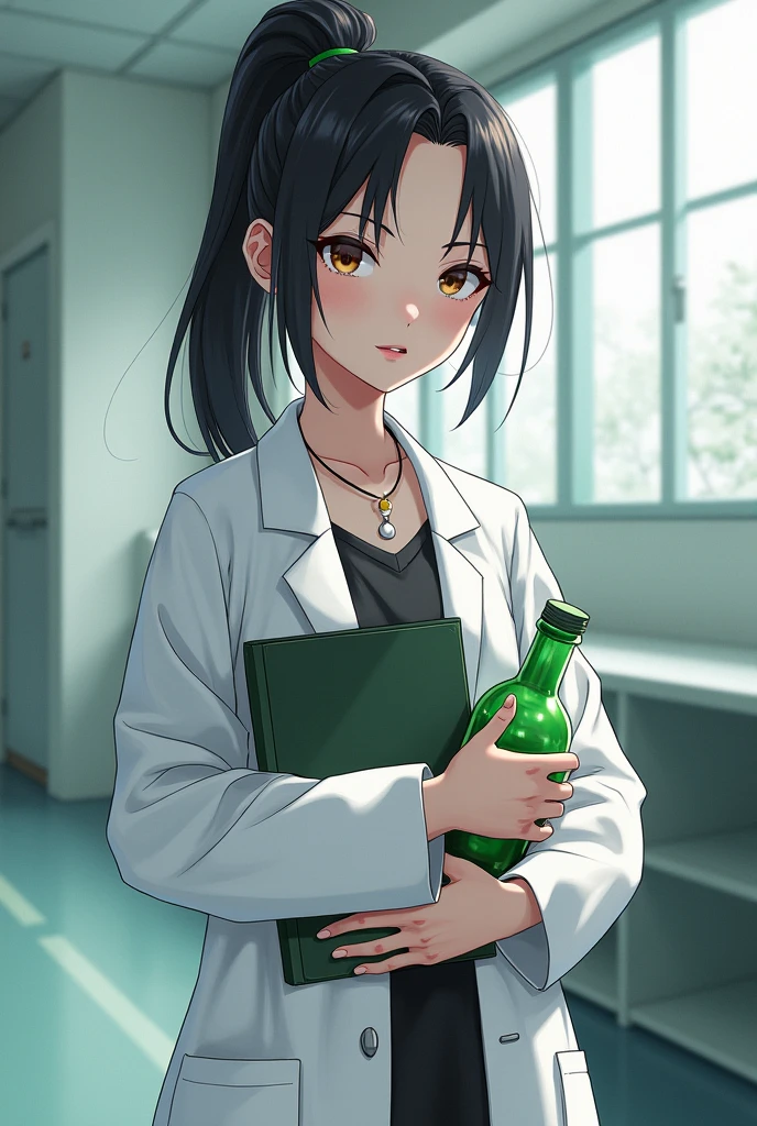 a woman in a white coat holding a green bottle and a book, (ponytail forehead hair pulled back:1.3), (black hair:1.3), from girls frontline, fine details. girls frontline, gordon freeman as a woman, anya from spy x family, girls frontline universe, makoto shinka, girls frontline style, professor clothes, girls frontline, girls frontline cg, yayoi kasuma, with a lab coat, female protagonist 👀 :8