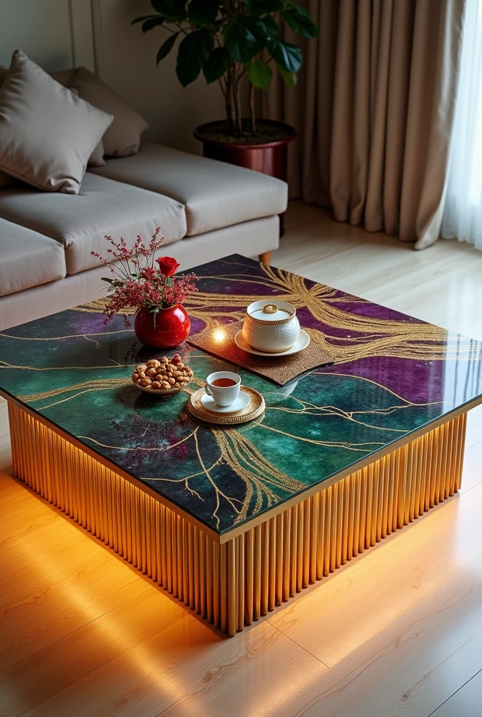 Small square table, perfect for serving coffee, handcrafted with a two-way mirror glass top that creates a stunning visual effect that looks like the inside of a table as a decoration accessory. The table is completely covered with a layer of Decostucco material in shades of violet, purple and warm green, interspersed with shiny gold stripes that intertwine like veins and lines in a wonderfully artistic way, giving a sense of luxury and distinction.. The sides are completely covered with Decostucco material without any visible gaps..
The table is supported by four unique legs, inspired by the design of intricate golden columns.. These legs are made of finely crafted gold tubes, resembling gold waterfalls as they cascade harmoniously around the corners.. Each leg of the table features several gold tubes stacked neatly next to each other, creating a visual effect that suggests luxury and stability.. These legs are designed to not only support the table but also be an essential part of the art they reflect..
The table has warm gold LED lighting underneath, reflecting onto the floor and adding a warm and cozy atmosphere..

The table is decorated with simple decorations such as golden swags, small flowers, a cake, nuts, a red rose, and a tea cup.. The table is placed on a light-coloured wooden floor to enhance the contrast between the luxurious design and modern colours, making it a distinctive piece of art in any room or living room..

 