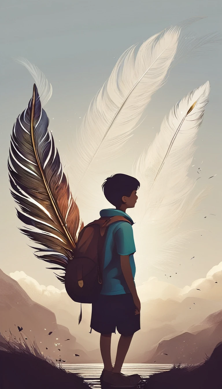 Create a minimal, modern, simple, inspirational, fantastic, poetic, epic, original, memorable, dream like, cinematic logo design of a dreamer boy and a cinematic, memorable feather for the brand “Penamemoria". The logo design must show the friendship and creative, fantastic, memorable companionship between a dreamer boy and a fantasy feather.