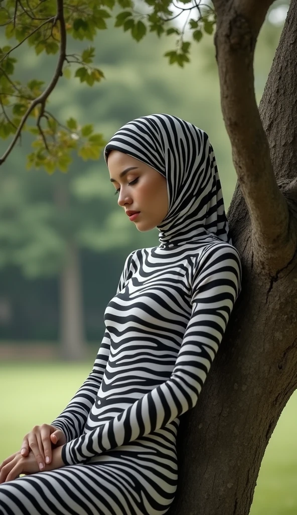 The beautiful,thin and clever asian muslimah adult girl with beautiful cheeks wears plains zebra print lycra turtleneck unitard catsuit covered with stripes and plains zebra print lycra elastane stretchy dancewear square hijab amira covered with stripes.She is tired and asleep when she sleeps on the tree.