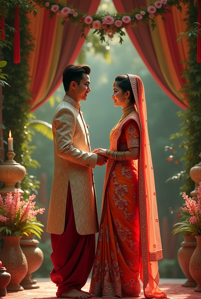 Bride holding hands of groom  nepali weeding 