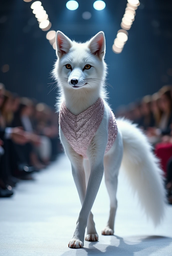 A beautiful snow fox wearing (tight mini dress), (shooting sleeve) , cloth walking down the runaway at a fashion show
