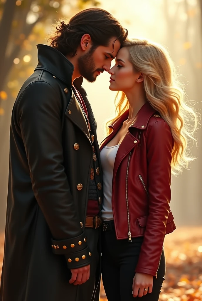 Colin O'Donoghue as Killian Jones and Jennifer Morrisson as Emma Swan laigh happy. She wears black trousers, a white tshirt and a red leather jacket and he wears his typical pirate coat. They are both facing the camera. The sun shines and there is a small breeze in the air. Draw it hyperrealistic with a slight touch of magic.