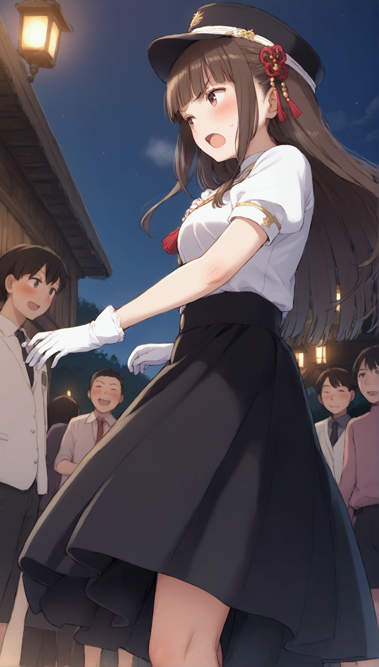 {Highest quality}, {so beautiful},{Ultra-fine},{Best illustrations},Brown Hair,Hime cut,Long Hair,Braiding,One Woman,Standing woman,Strike a Pose,Adult female,Angry face,Open your mouth,Uniform Cap,White shirt,Short sleeve,long black skirt,White gloves,Night Festival,blush,thin,Black high heels,barefoot,From an angle,From below,Woman with legs closed,