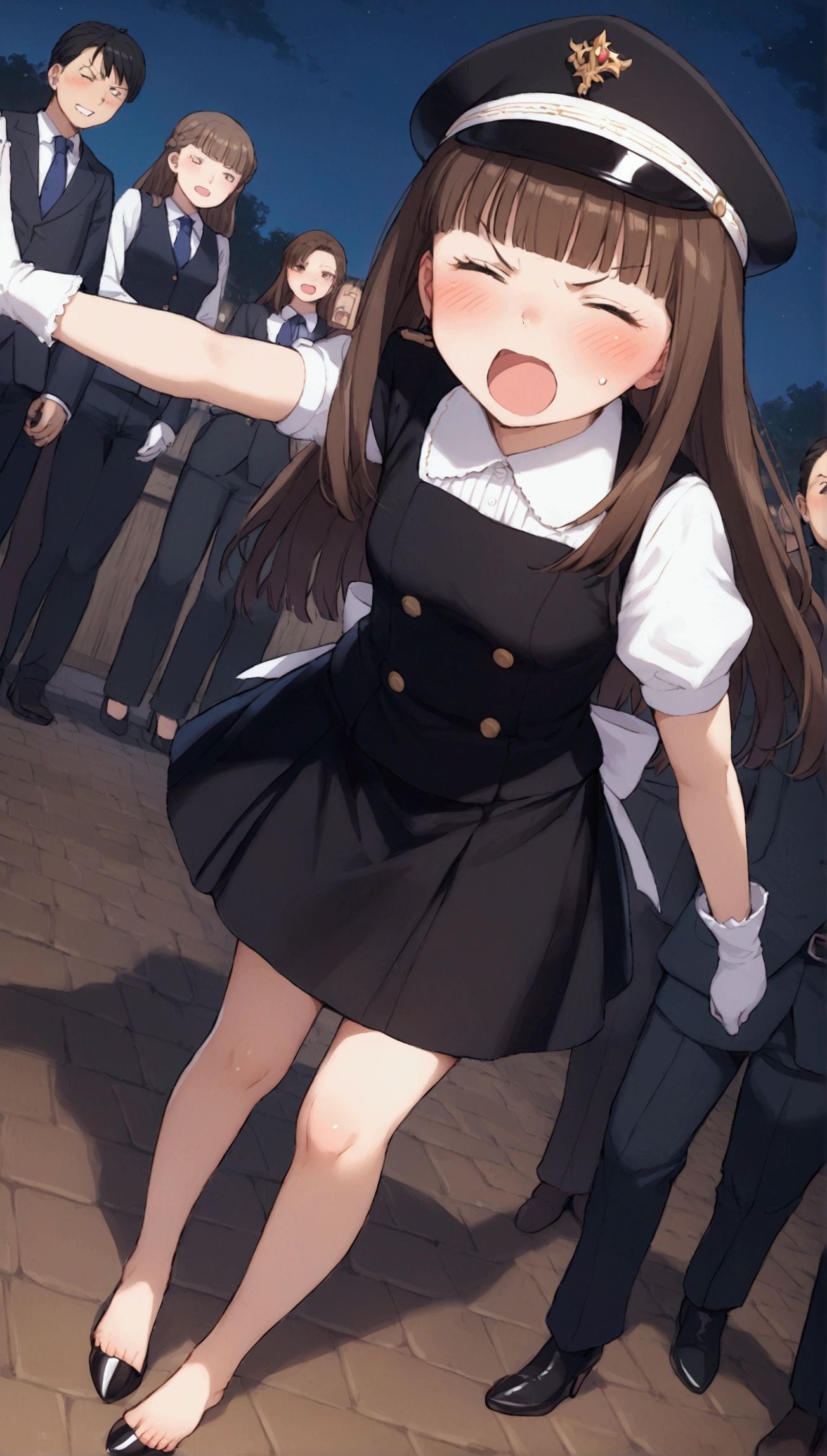 {Highest quality}, {so beautiful},{Ultra-fine},{Best illustrations},Brown Hair,Hime cut,Long Hair,Braiding,One Woman,Standing woman,Strike a Pose,Adult female,Angry face,Open your mouth,Uniform Cap,White shirt,Short sleeve,long black skirt,White gloves,Night Festival,blush,thin,Black high heels,barefoot,From an angle,From below,Woman with legs closed,