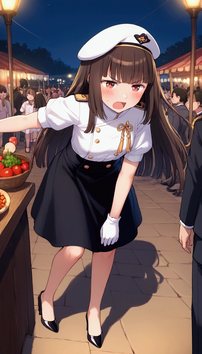 {Highest quality}, {so beautiful},{Ultra-fine},{Best illustrations},Brown Hair,Hime cut,Long Hair,Braiding,One Woman,Standing woman,Strike a Pose,Adult female,Angry face,Open your mouth,Uniform Cap,White shirt,Short sleeve,long black skirt,White gloves,Night Festival,blush,thin,Black high heels,barefoot,From an angle,From below,Woman with legs closed,