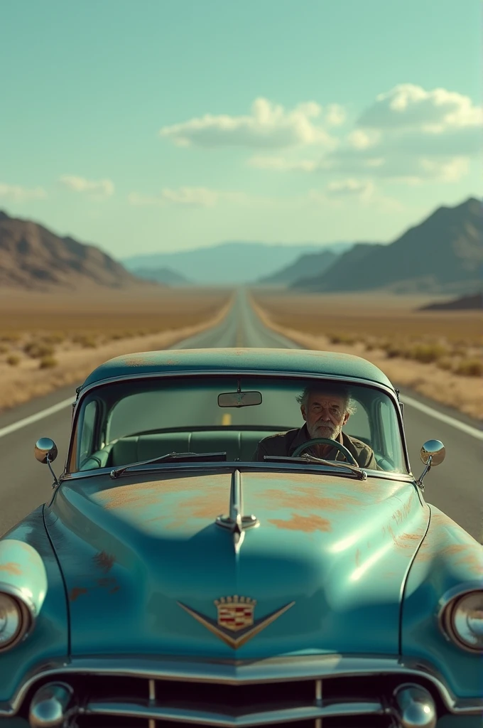 A lonely man driving his old blue Cadillac