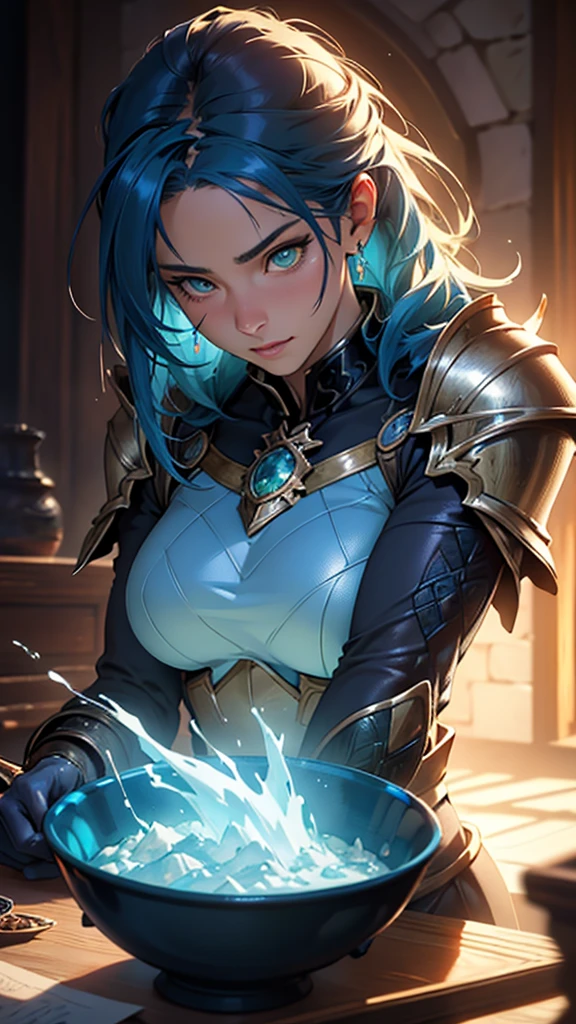 A beautiful anime-style woman with vibrant blue hair and striking green eyes, wearing intricate knight's armor, carefully crafting a mystical potion, 4k, ultra-detailed, (best quality,8k,highres,masterpiece:1.2),ultra-detailed,(realistic,photorealistic,photo-realistic:1.37),HDR,UHD,studio lighting,ultra-fine painting,sharp focus,physically-based rendering,extreme detail description,professional,vivid colors,bokeh,fantasy,cinematic lighting,dramatic scene