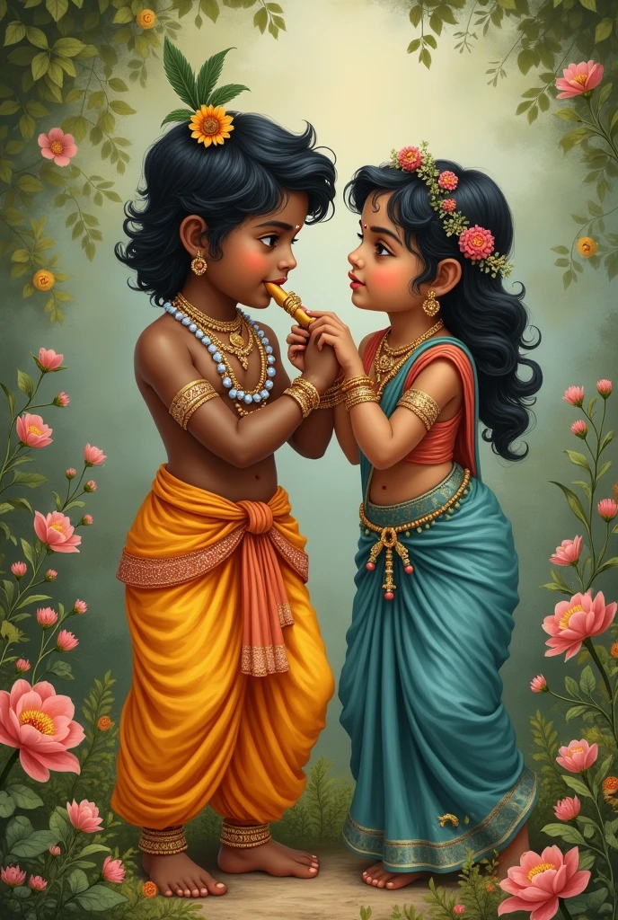 Cute little krishna playing with mother' yashoda with flute 