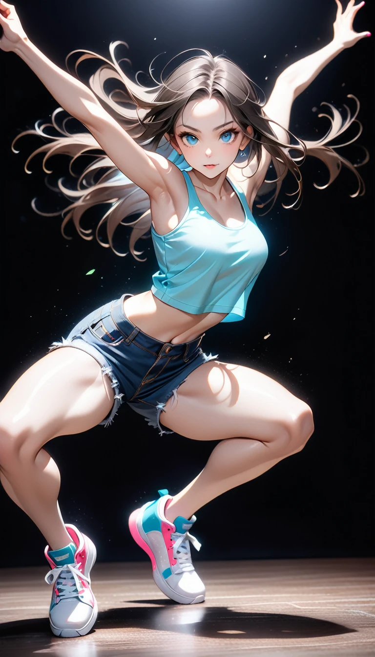 (Generated in SFW:2.0), masterpiece, Highest quality, Realistic photos, RAW Photos, dynamic dancing woman, alone, Beautiful Face, Bangs that fall on the forehead, Casual clothing, (Tight tank top:1.2), (Denim shorts:1.2), No sleeve, Seductive body lines, alluring looks, break, Cool dance, break, Hip Hop Dance, (Black background color:1.5), (A dark background to make your subject stand out:1.1), (Focus on the eyes), (Full Body Shot:1.2), break, Street dance, Hip Hop Dance, Club dance, dynamic pose, dynamic, Moments that captivate you, Concentrated face, View your viewers, bend, Spread your legs, Cool pose, Apply random anagrams to create completely different new works, 