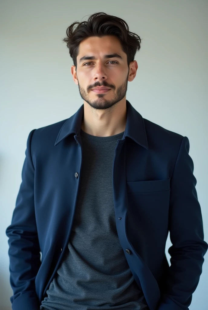 A business man, upper body photo, in a blue coat, young age, smart and handsome , attractive, premium quality, 4k quality, upper body