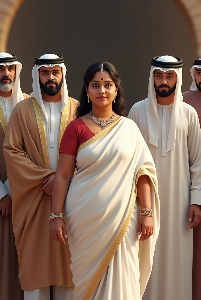a beautiful and chubby 30 year old hindu mom from Kerala wearing white saree, decorated with bindi and jewelry, standing infront of four tall traditionally dressed Arab muslim man