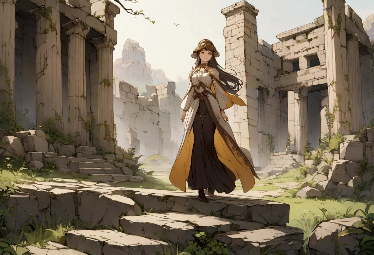 beatiful wizard,She stands in front of ancient ruins,