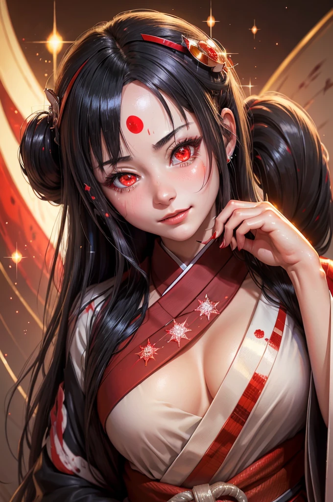 A masterpiece of the highest quality, AkagiV5, 1 girl, One, black hair, japanese clothing, kimono, long hair, I look at the viewer, ((Red eyes)), smile, sparkling eyes, hands on your own face, blood on the face, ((blood swirl)), (yandere:1.4), (sparkling eyes:1.4), Crazy eyes