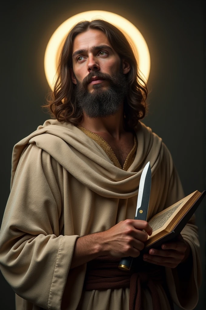 PICTURE REALISTIC, cinematic, high resolution of a holy man with beard and hair, wearing a tunic like Jesus&#39;. Holds a medium knife with a curved blade in one hand, in another a holy book. The man has a halo