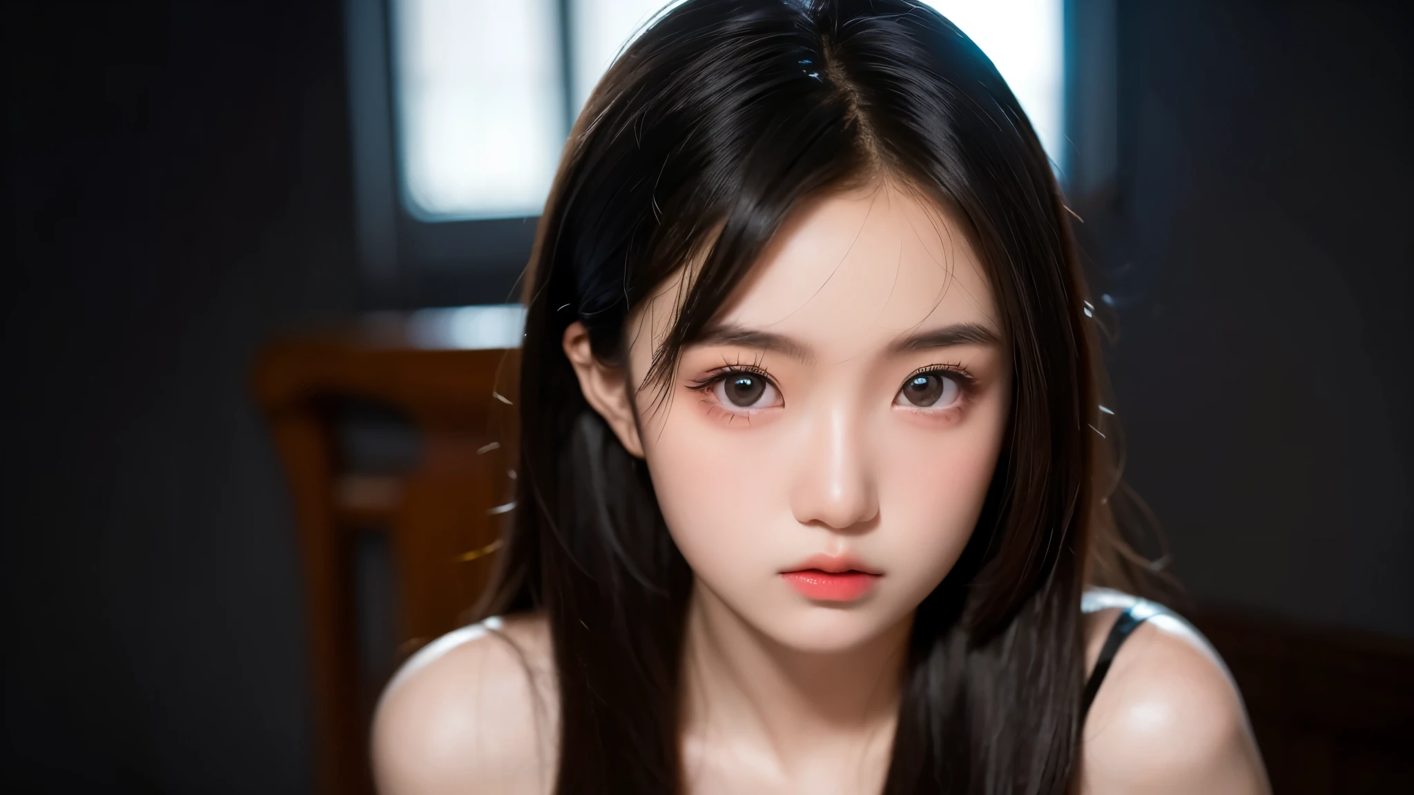 An 8k masterpiece, the highest resolution, every detail, meticulous detail, depth of field, bright colors, beautiful composition: an 1  girl with black hair and beautiful innocent eyes in stunning detail, standing on a dark and ominous background.