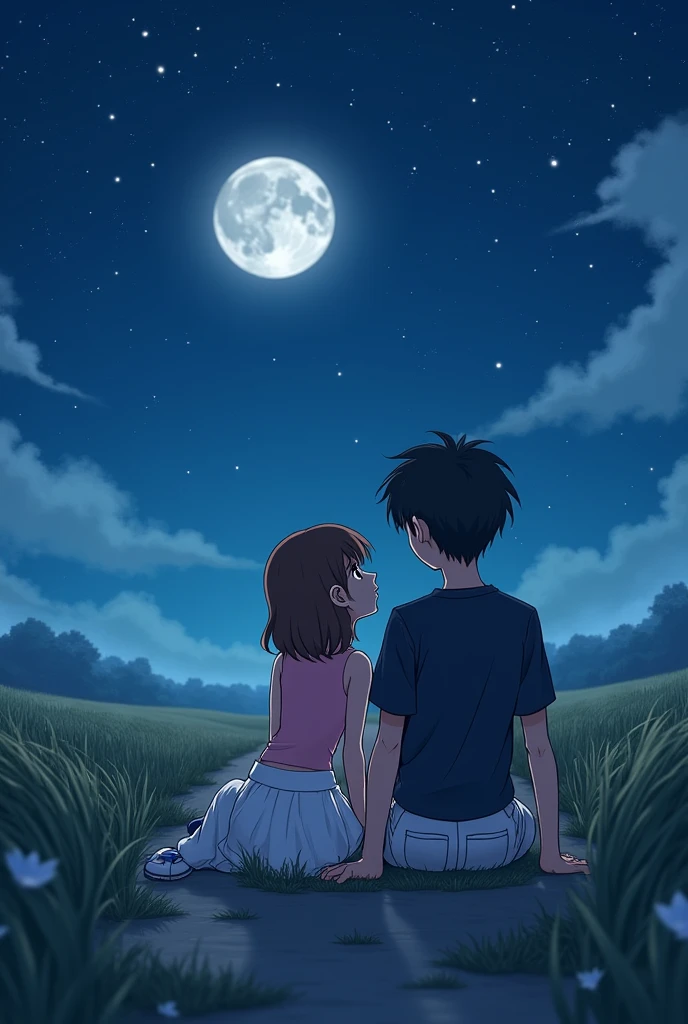 A girl and a boy sit together on a field path.It is night the moon shines and illuminates the path on which the two are sitting. She is thin and beautiful and has brown eyes and brown hair.the boy is also beautiful and has dark hair and dark eyes.The boy shows her the stars and talks to her.she looks at him from the side and seems in love.She wears a white skirt,blue shoes and a pink top.He wears white shoes ,white pants and a black shirt.harmonie