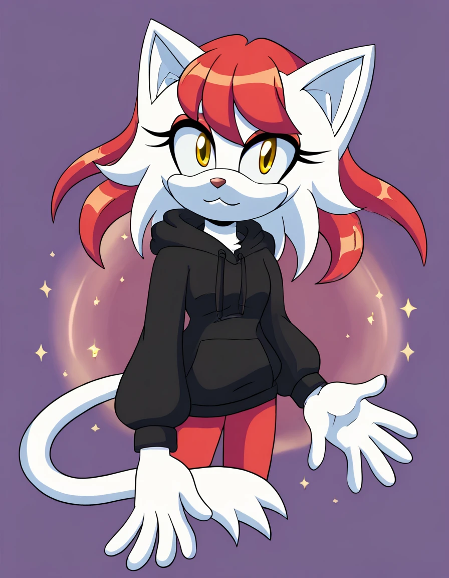 (work of art, Maximum quality, best qualityer, offcial art, beautiful and aesthetic:1.2), A cat with long light red bangs, white fur, gold eyes, wearing a black sweatshirt.