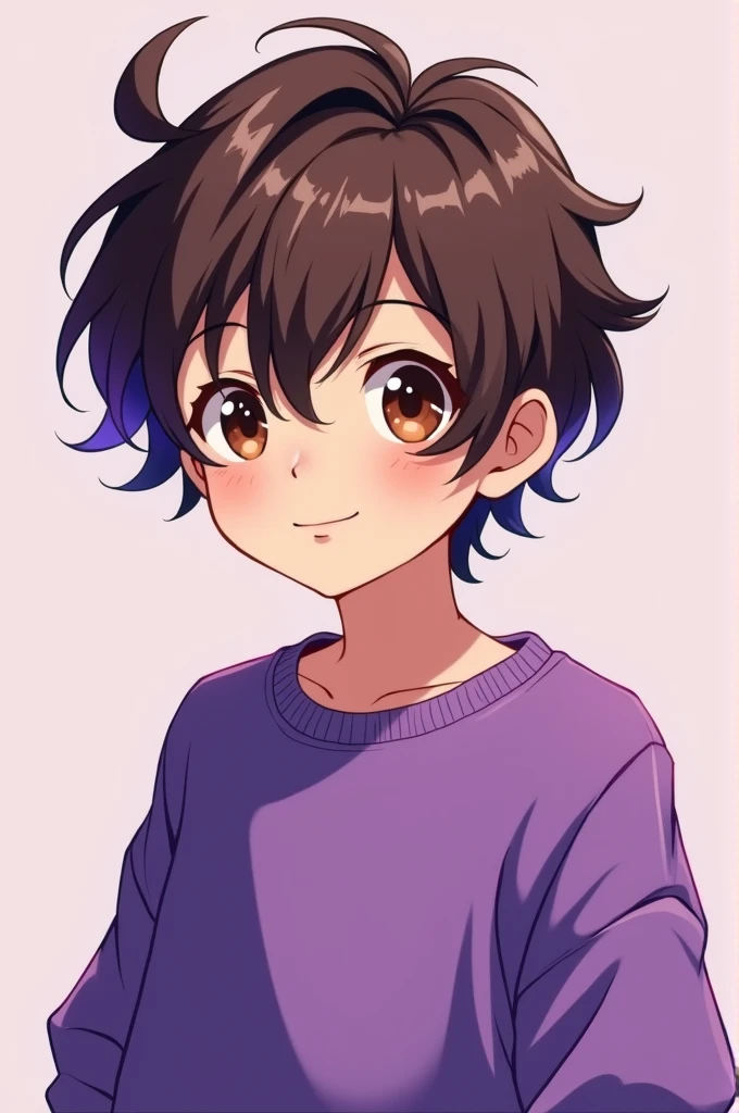 Light skin anime boy, Brown eyes, short messy brown and purple hair, with a purple sweatshirt