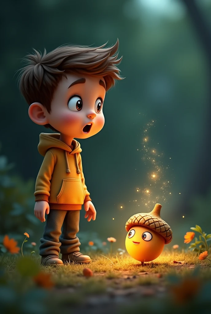 A surprised Sammy looking at the glowing acorn, which now has a tiny, magical face speaking to him, offering to grant a wish.