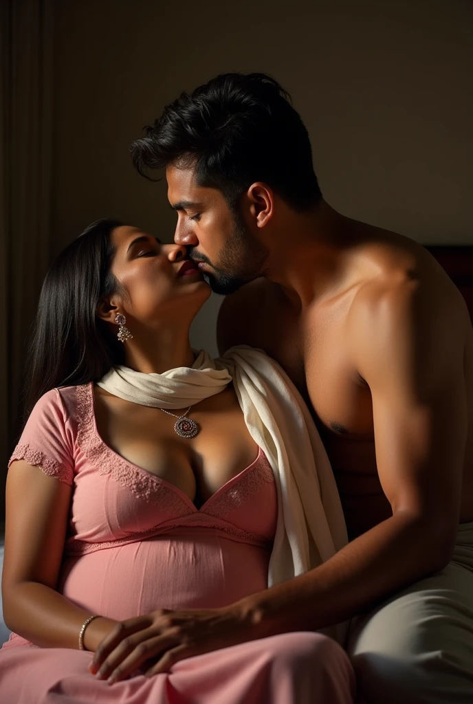 Photo of a Voluptuous Mature Indian Aunty, wearing tight Pink Kurti and White Stole tied around her neck, Wide U Cut cleavage, Showing huge cleavage, sitting on bed, turning her head and kissing a shirtless and slim Young Man touching aunty's Cleavage Sensually, the boy touches aunty's breasts, Dim light in the room.