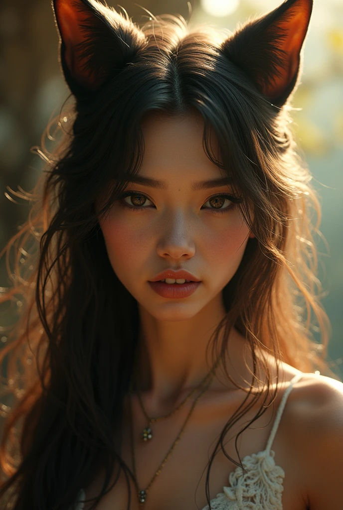 a beautiful woman with long hair, detailed teeth, cat ears, (best quality,4k,8k,highres,masterpiece:1.2),ultra-detailed,(realistic,photorealistic,photo-realistic:1.37),unreal engine 5,oil painting,intricate details,warm colors,dramatic lighting,cinematic composition,dreamlike atmosphere,whimsical fantasy