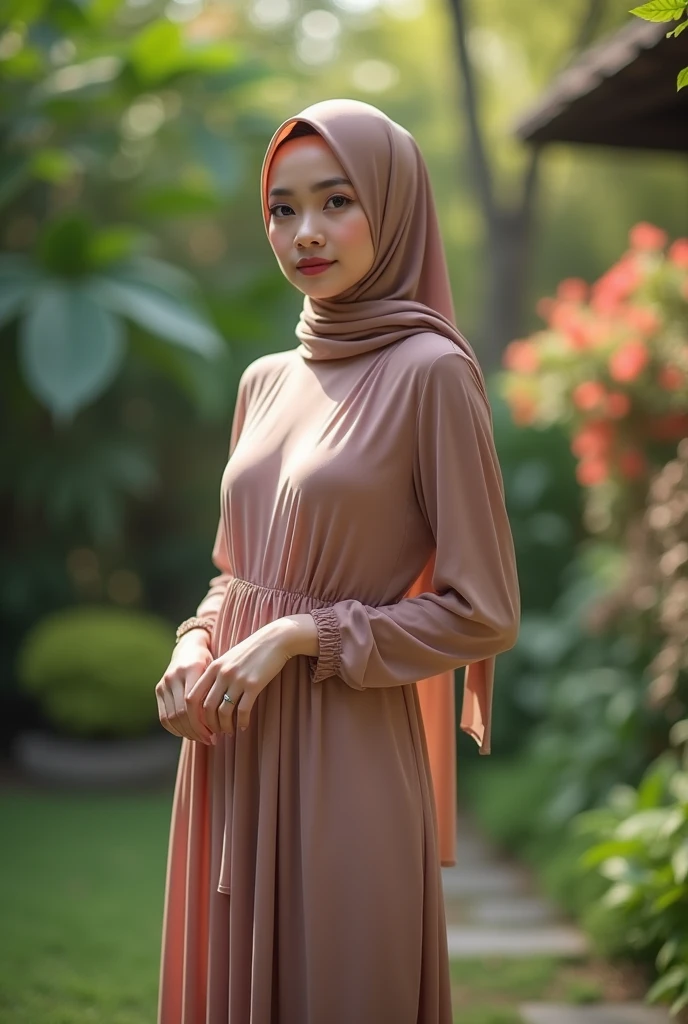 Malaysian hijab . sexy pose. Long maxi dress. big breast. Bokeh 200mm shoot. at garden . Half body portrait. 