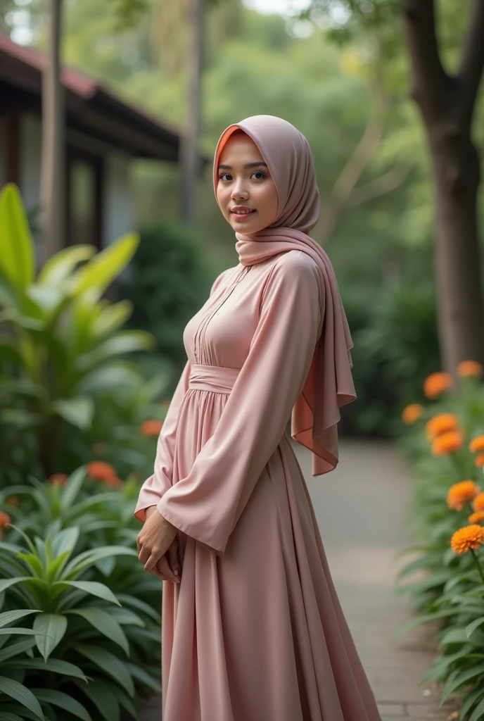 Malaysian hijab . sexy pose. Long maxi dress. big breast. Bokeh 200mm shoot. at garden . Half body portrait. 