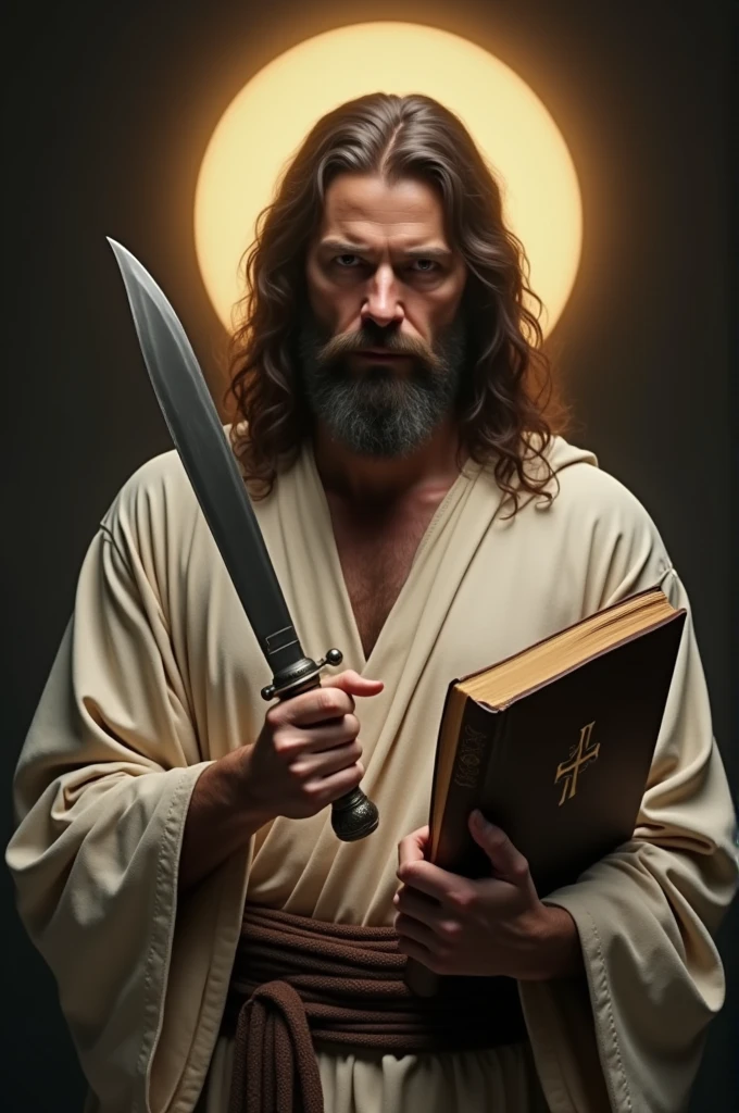 PICTURE REALISTIC, cinematic, high resolution of a holy man with beard and hair, wearing a tunic like Jesus&#39;. Holds a medium knife with a curved blade in one hand, in another a holy book. The man has a halo