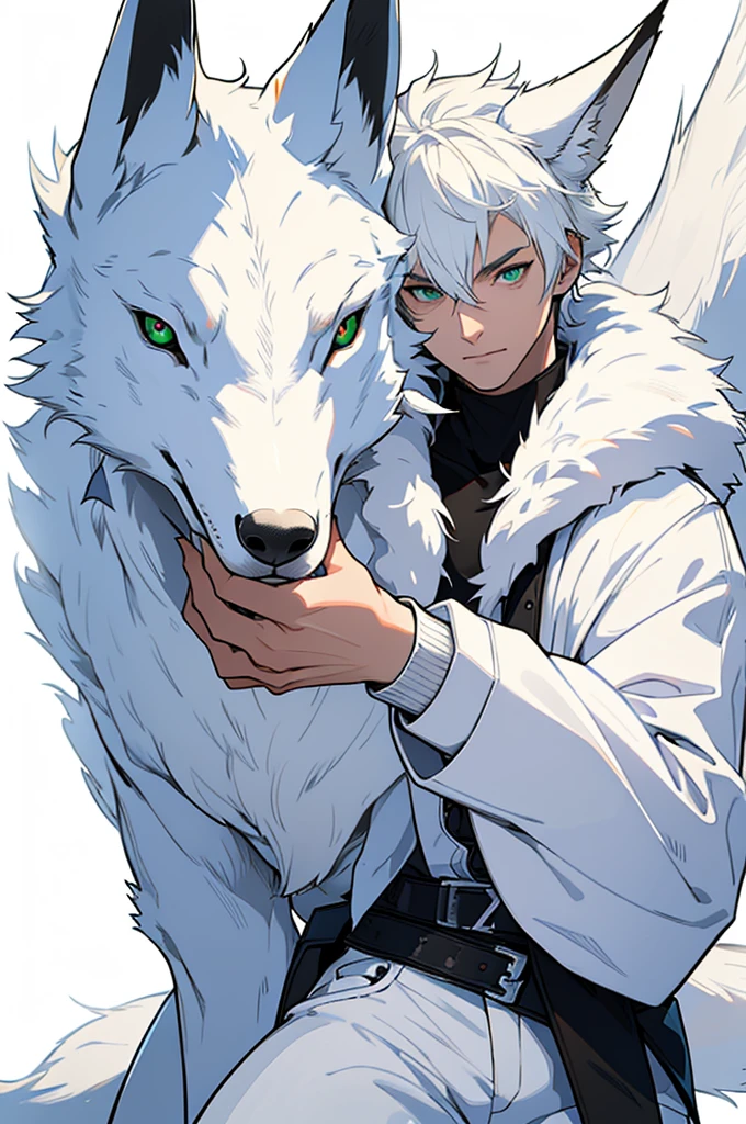 Best quality, 4K, masterpiece, art, anthropomorphic white fox, not human, not man, not human face, correct anatomy, correct fingers, white wool, white clothes, jeans (white), jacket (white), fursona art, incredibly huge breasts (covered), simple white background, white white, green pupils, cunning look  