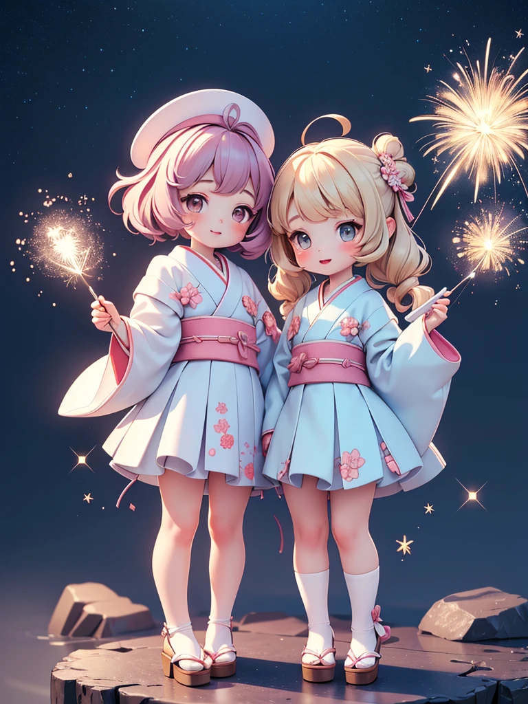 ((petite cute 2girls)), ((cute face)), ((puffy eyes)), ((masterpiece)), ((best quality)), ((ultra detailed)), ((exquisite)), ((depth)), ((crisp)), ((16k)), ((beautiful and aesthetic)), ((super detailed skin)), ((high standard)), ((highres)), (perfect anatomy), (blush), (lipstick), (full body), (nostalgic scenery), (cove, night), (emotional), (japanese sparklers)