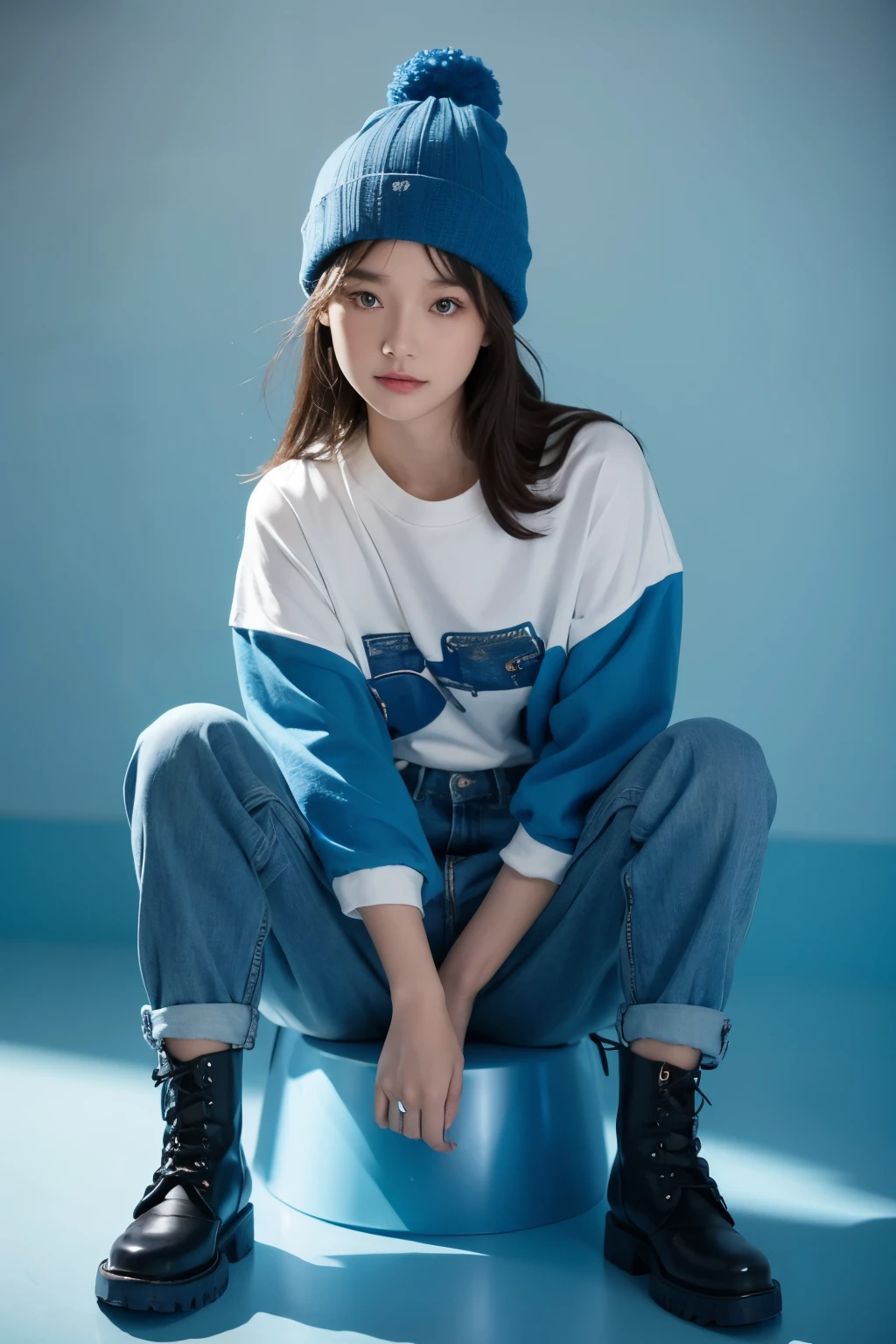 A cute humanoid puppy，Blue clothes，Blue pants，boots，Wearing a blue hat