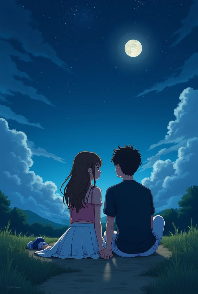 A girl and a boy sit together on a field path.It is night the moon shines and illuminates the path on which the two are sitting. She is thin and beautiful and has brown eyes and brown hair.the boy is also beautiful and has dark hair and dark eyes.The boy shows her the stars and talks to her.she looks at him from the side and seems in love.She wears a white skirt,blue shoes and a pink top.He wears white shoes ,white pants and a black shirt.harmonie