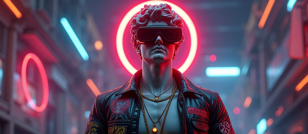 A striking digital artwork that masterfully blends classical Greek sculpture with futuristic cyberpunk elements, reimagining the iconic David figure as a bold, edgy character. The figure dons a graffiti-style jacket, a vibrant red circle headpiece, and 3D virtual reality glasses, exuding a modern flair. A luminescent neon cigarette adds a touch of surrealism, while a golden necklace symbolizes the eternal connection between past and present. Set against a mesmerizing collage of neon lights, digital illustrations, and high-contrast illumination, the background creates a nostalgic yet innovative atmosphere. This groundbreaking piece expertly merges traditional artistry with modern technology, challenging artistic conventions and sparking the imagination.