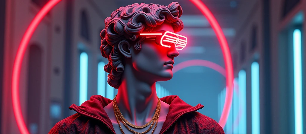 A striking digital artwork that masterfully blends classical Greek sculpture with futuristic cyberpunk elements, reimagining the iconic David figure as a bold, edgy character. The figure dons a graffiti-style jacket, a vibrant red circle headpiece, and 3D virtual reality glasses, exuding a modern flair. A luminescent neon cigarette adds a touch of surrealism, while a golden necklace symbolizes the eternal connection between past and present. Set against a mesmerizing collage of neon lights, digital illustrations, and high-contrast illumination, the background creates a nostalgic yet innovative atmosphere. This groundbreaking piece expertly merges traditional artistry with modern technology, challenging artistic conventions and sparking the imagination.