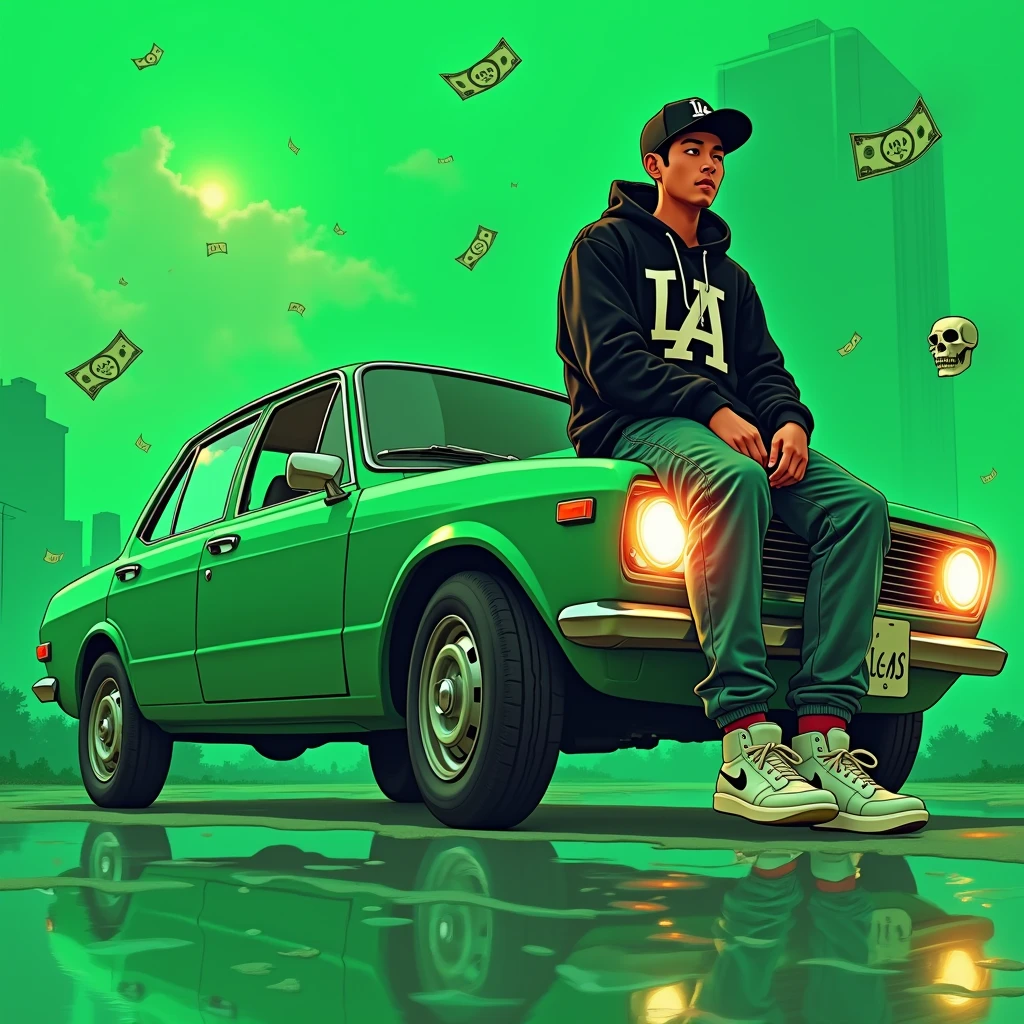 Image of a man sitting on the bonnet of a car, Yoshihiko Wada's album cover, winner of the behance contest, Doodle, official artwork, rap album cover, hip - hop album art cover, colored album art, hip hop music album cover, rap album cover art, official fanart, GTA Cover, hip hop album cover, album art cover, Cartoon character, oriental boy, Running car, Green background, green tea, Deep pressed black LA ball cap, white nike shoes, Black LA Hoodie, Baggy jeans worn down, black neighborhood, Skull, drug, The city seen from behind, korean, white smoke, Headlight light, Troublemakers, Bad boy, Flying money. Graffiti background