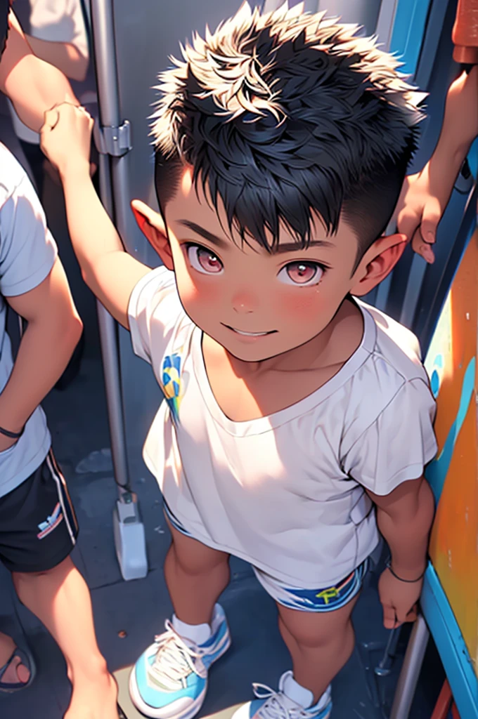 (Shota:1.5),(((Highest quality))),(((masterpiece))),(((Very detailed))),(((High resolution))),One person,Short sleeveTshirt,Short shorts,White socks,Blue sneakers,Cheerful boy,Japanese,Buzz Cut,(((Spiked Hair))),Black Hair,(Point pupils),Skinny body,Baby Face,smile