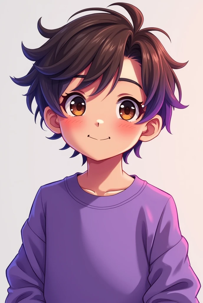 Light skin anime boy, Brown eyes, short messy brown and purple hair, with a purple sweatshirt
