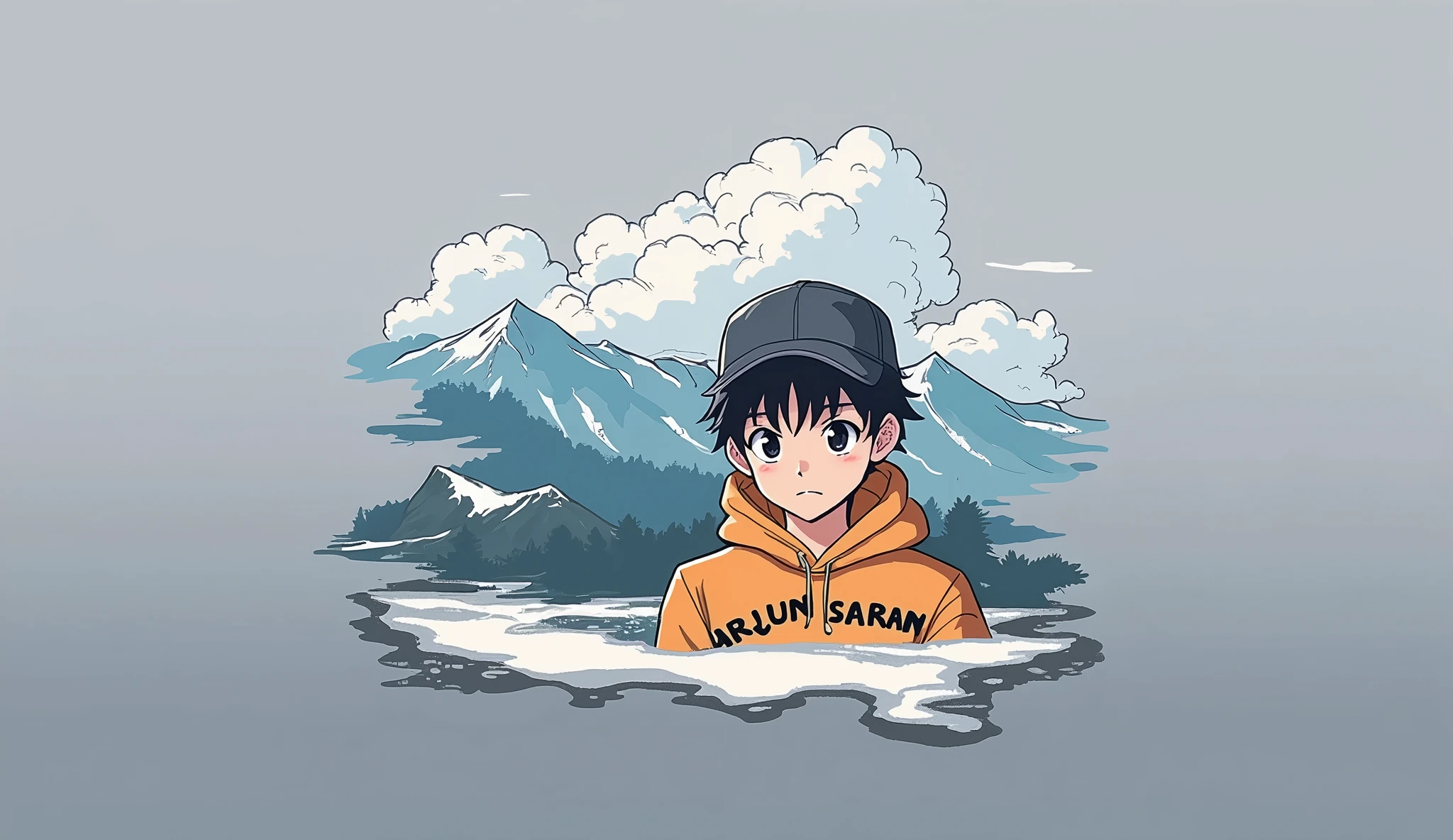 An anime boy, wearing a hoodie, a cap on his head, Arjun Saran is written on the hoodie, South Korean man Sehra on the front
