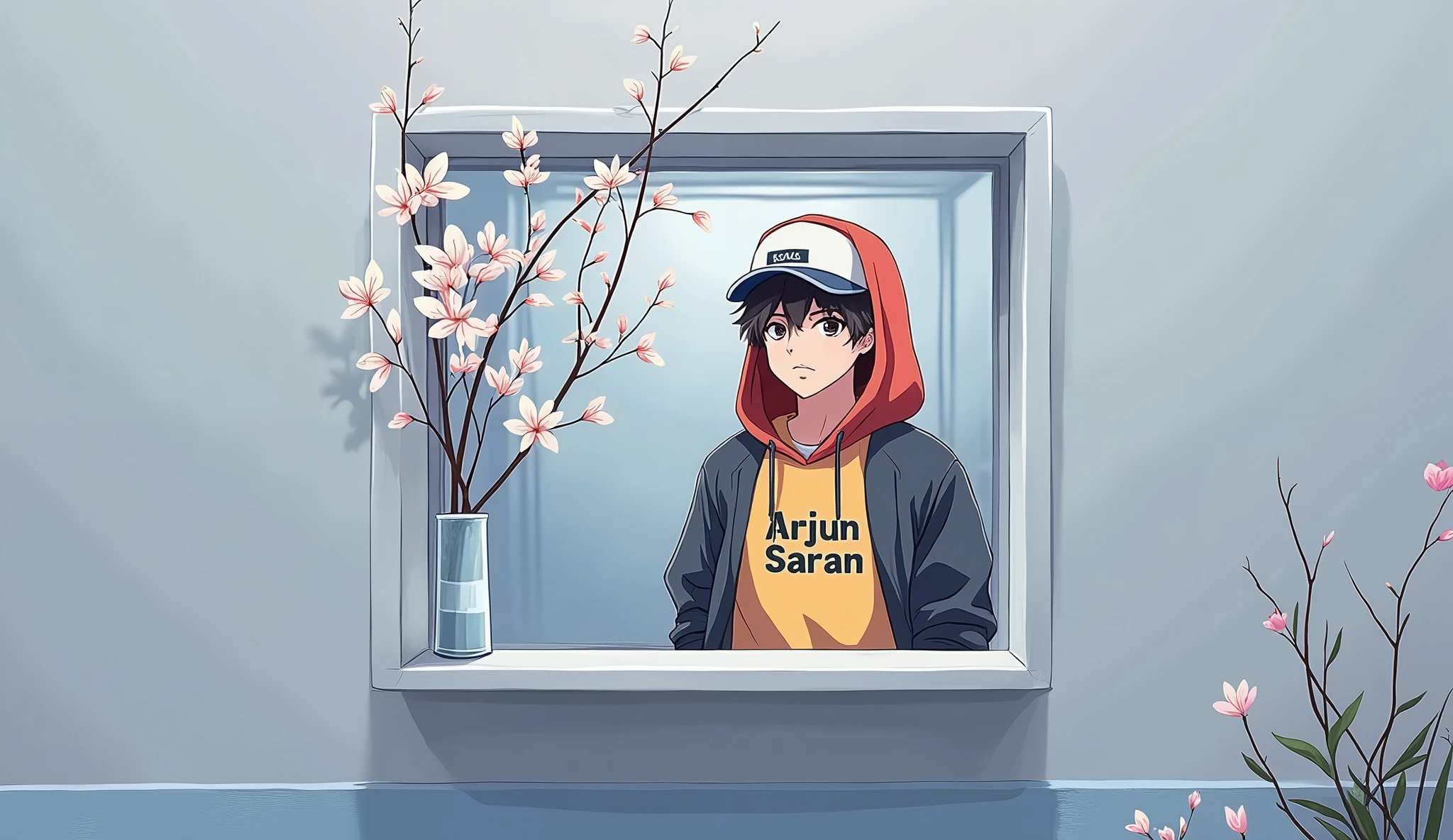 An anime boy, wearing a hoodie, a cap on his head, Arjun Saran is written on the hoodie, South Korean man Sehra on the front