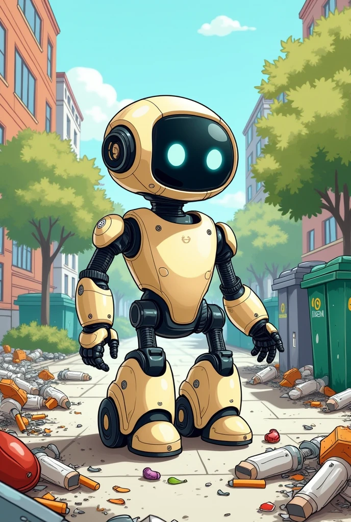 a child size robot that picks trash drawing version