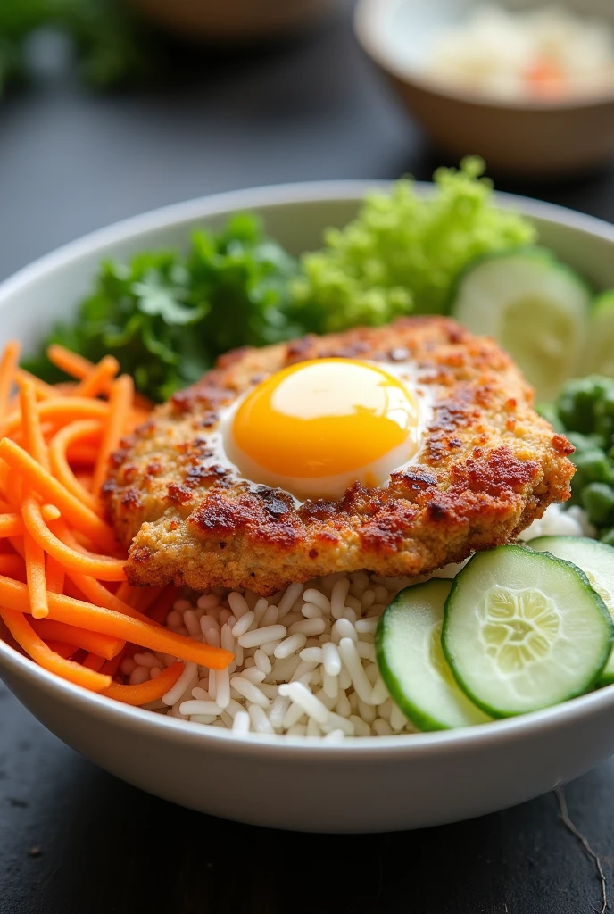 A Healthy rice bowl with some bean sprouts, some slice carrots, some slice cucumber, fried egg and 1 piece of fried chicken breast on top of rice.