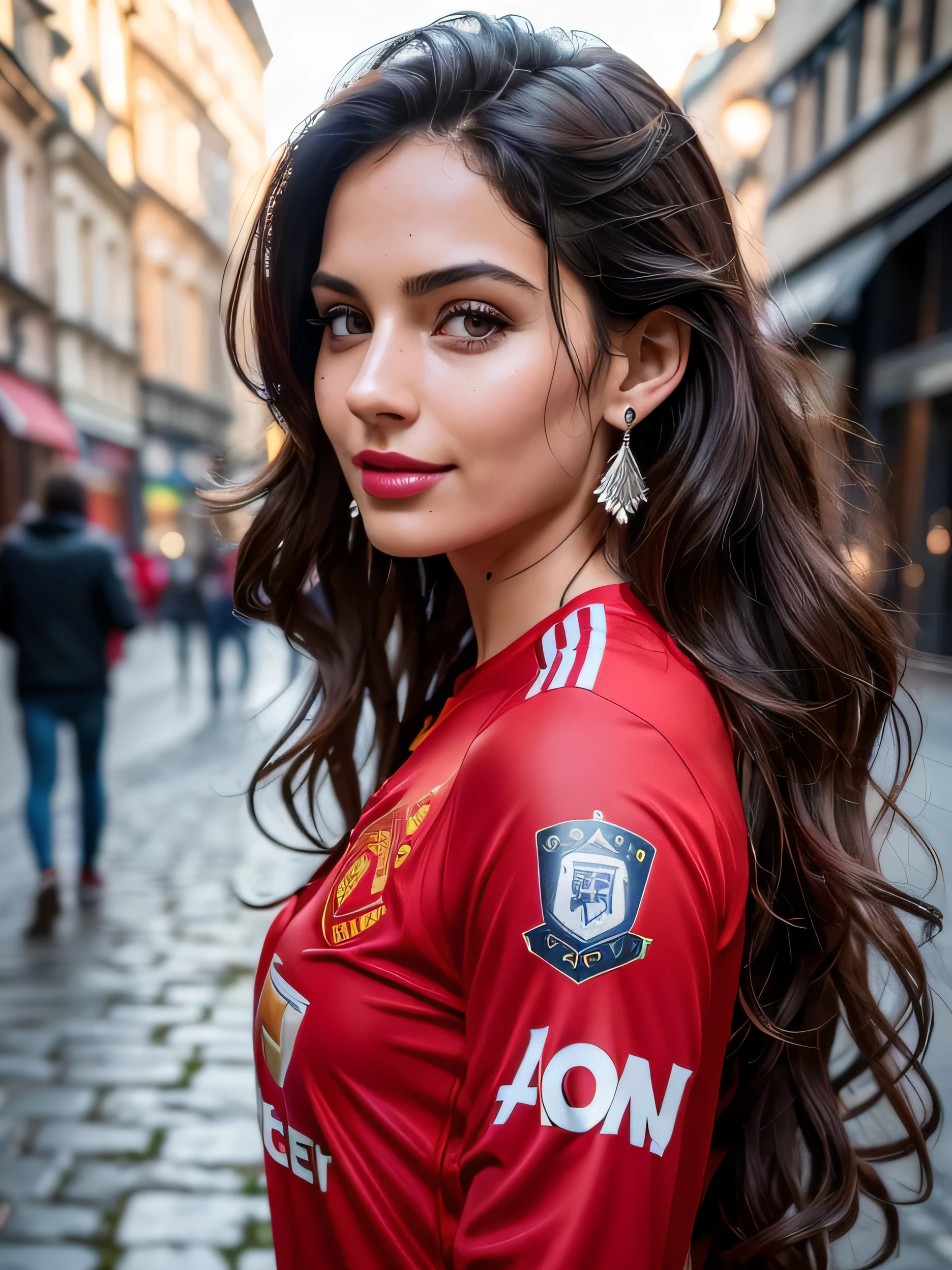 Ultra HD resolution,artistic photos,Professional Photography,((very sexy European girl, earrings, long brunette wavy hair, cold ultra realistic damp skin, wearing a Manchester United Soccer jersey )), perfect hourglass figures, posing like a model, on a street in london smiling at viewer, natural red lips, attention to detail, captivating eyes