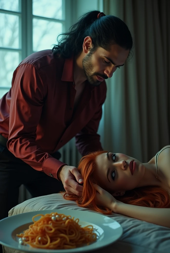 one male angel sits on the couch, one attractive female demon floats upside down behind him and gives him a sexy hug, she has with sharp teeth, green fire candles lit the opulent dark room, low lighting, blue light hits her from the side, red light hits him from diagonally below, dark lighting, high detail, shot from behind, shot from below